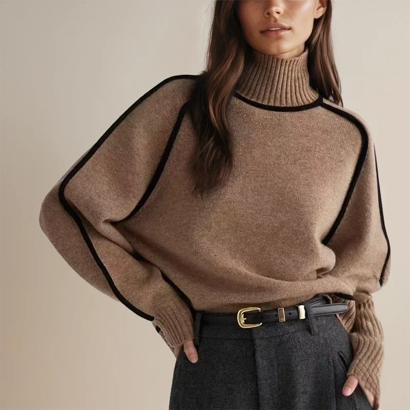 Women's turtleneck top with contrast trim