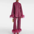 Women's two-piece set with feather-trim sleeves and feather-trim hem
