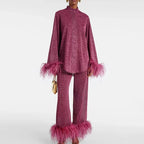Women's two-piece set with feather-trim sleeves and feather-trim hem