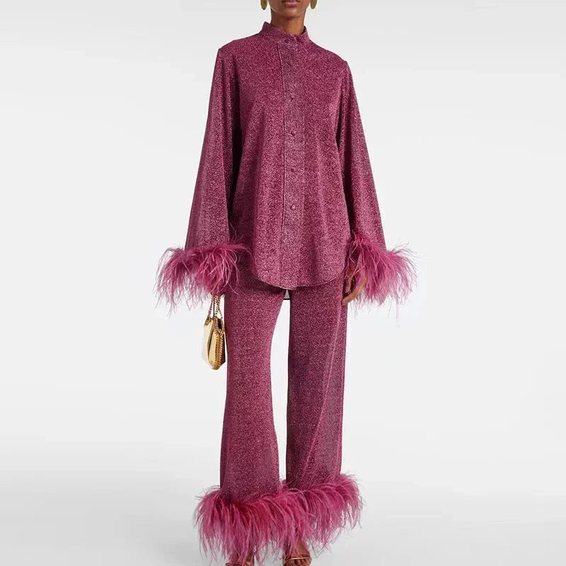 Women's two-piece set with feather-trim sleeves and feather-trim hem