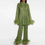 Women's two-piece set with feather-trim sleeves and feather-trim hem