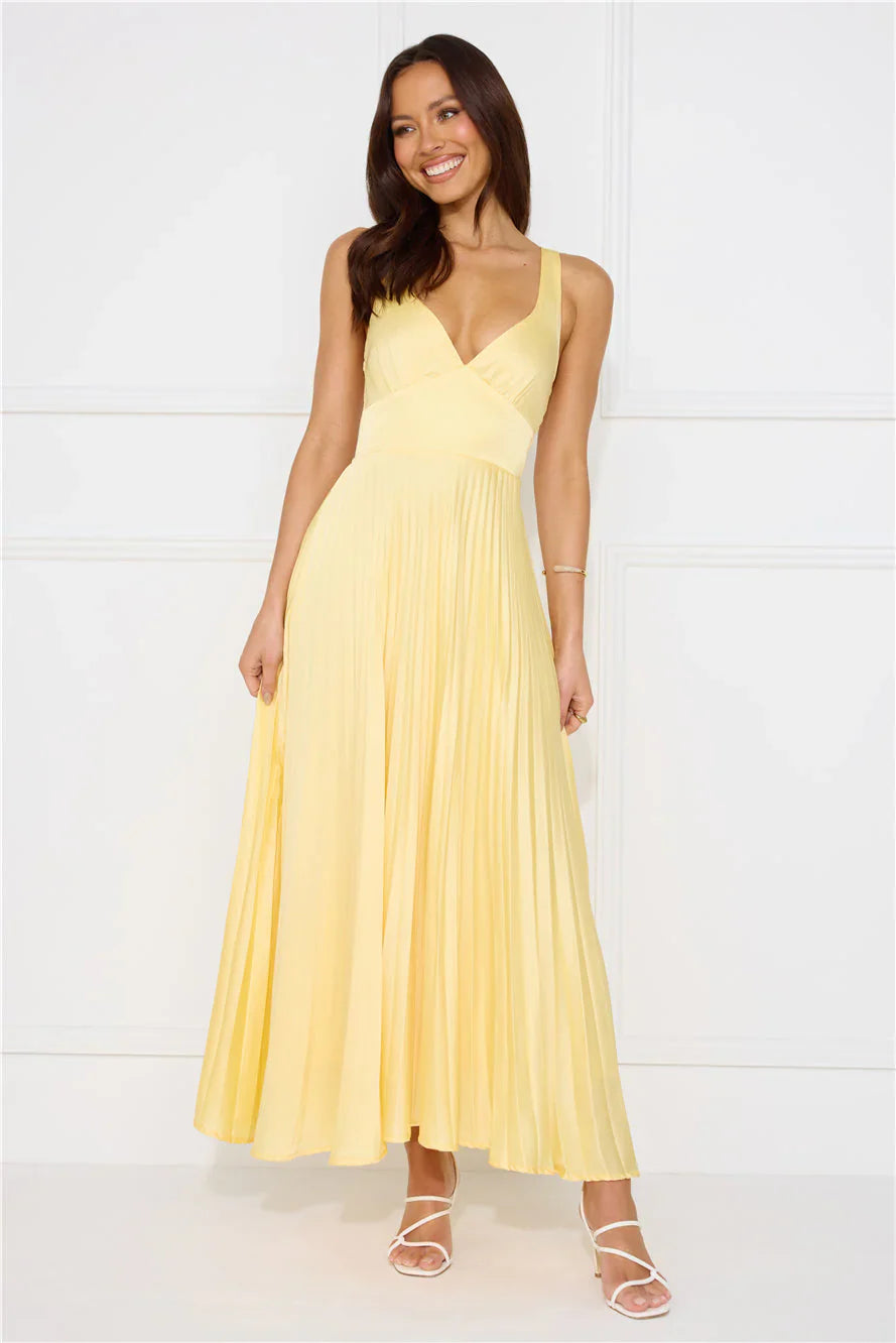 Women's V-neck pleated maxi wedding guest dress