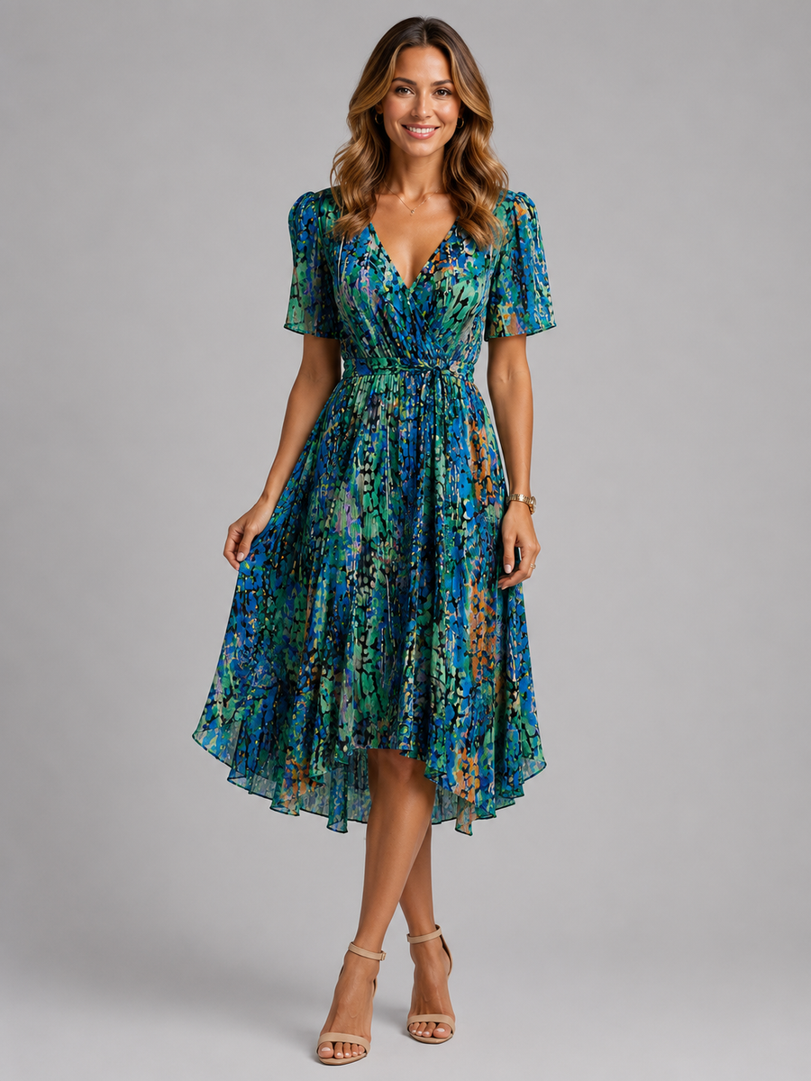 Women's V-neck puff sleeve midi summer dress