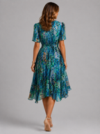 Women's V-neck puff sleeve midi summer dress