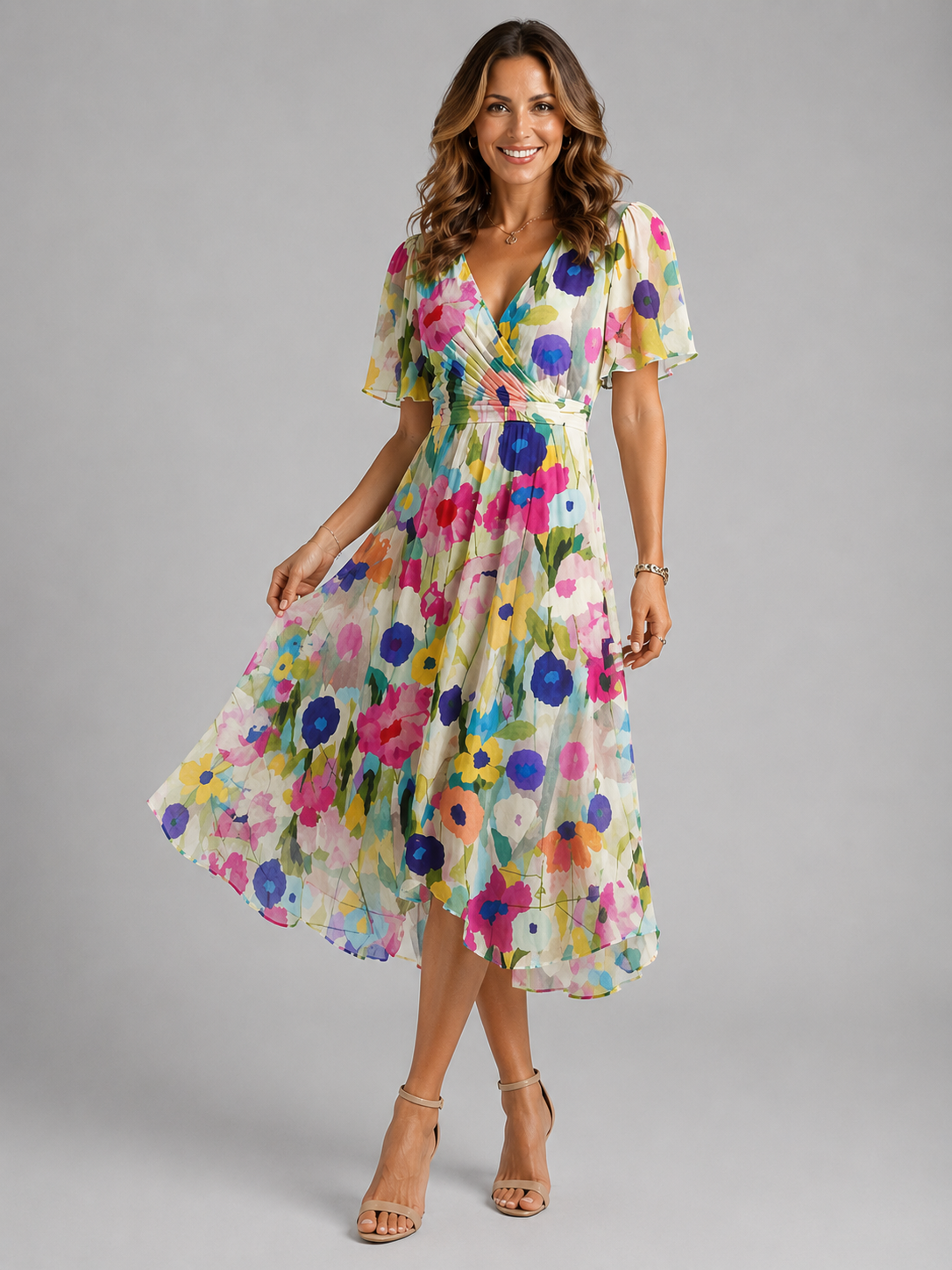 Women's V-neck puff sleeve midi summer dress