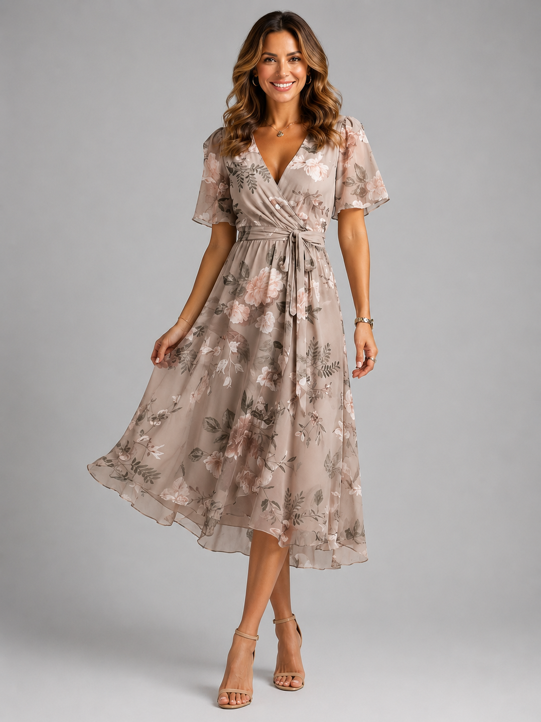 Women's V-neck puff sleeve midi summer dress