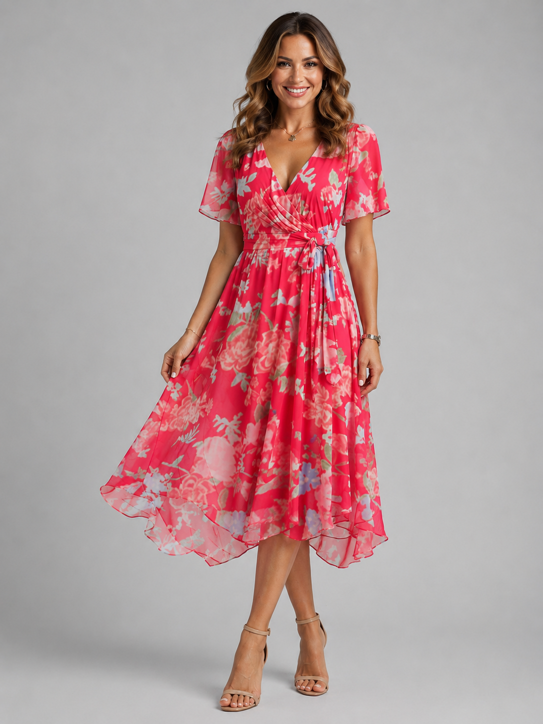 Women's V-neck puff sleeve midi summer dress