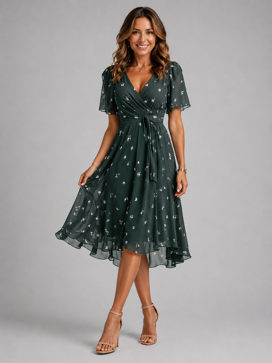 Women's V-neck puff sleeve midi summer dress