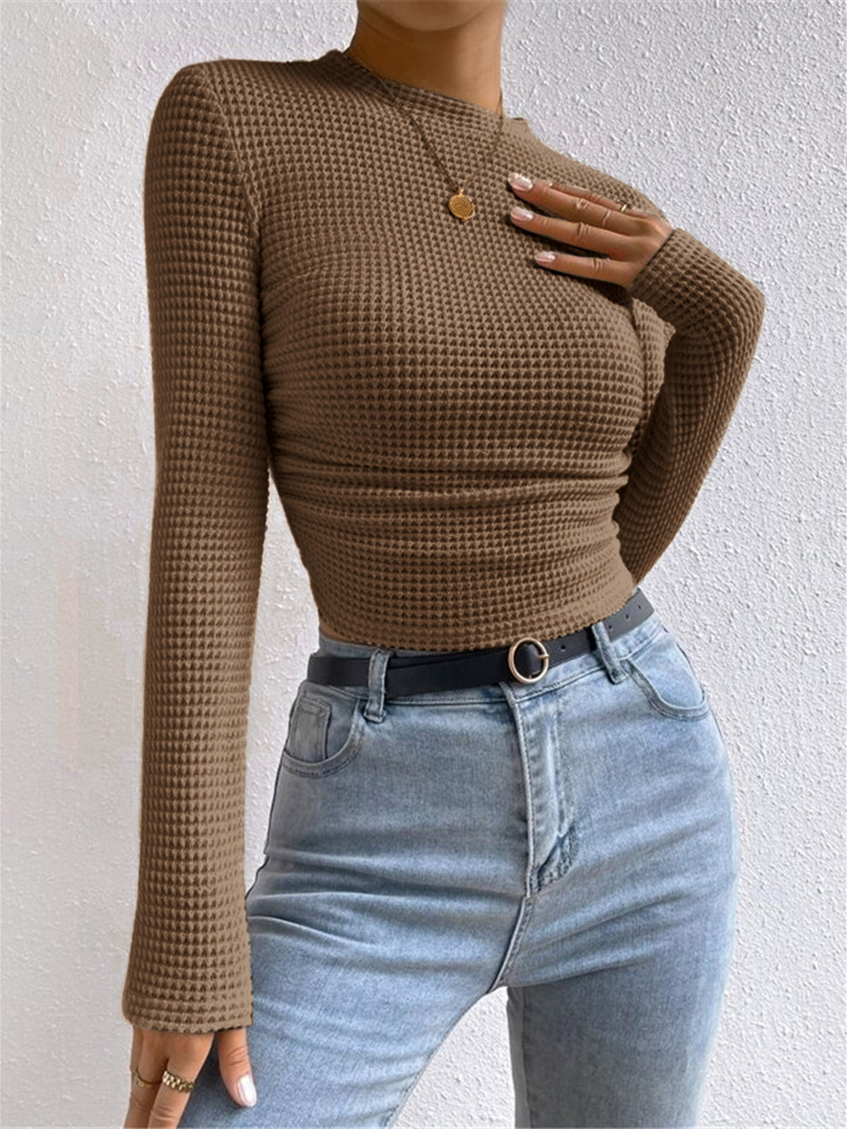 Women's waffle knit long sleeve top