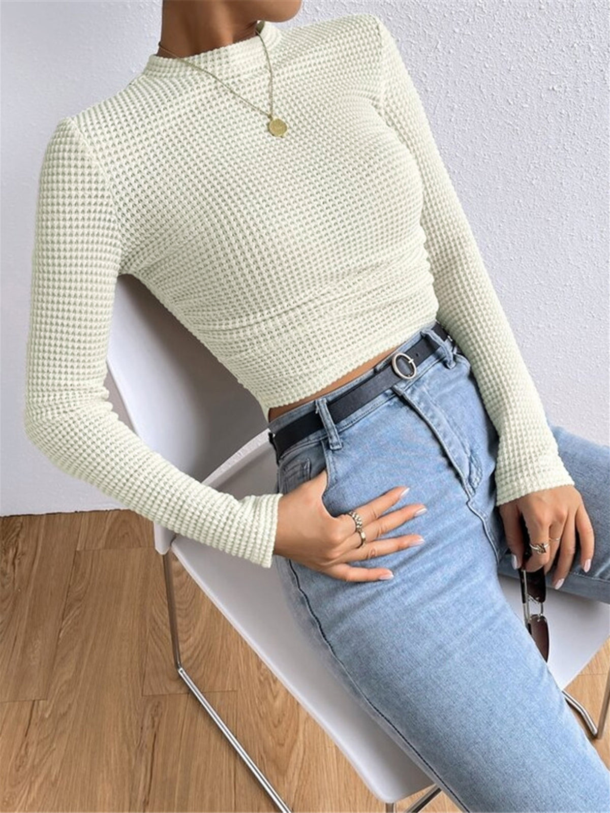 Women's waffle knit long sleeve top
