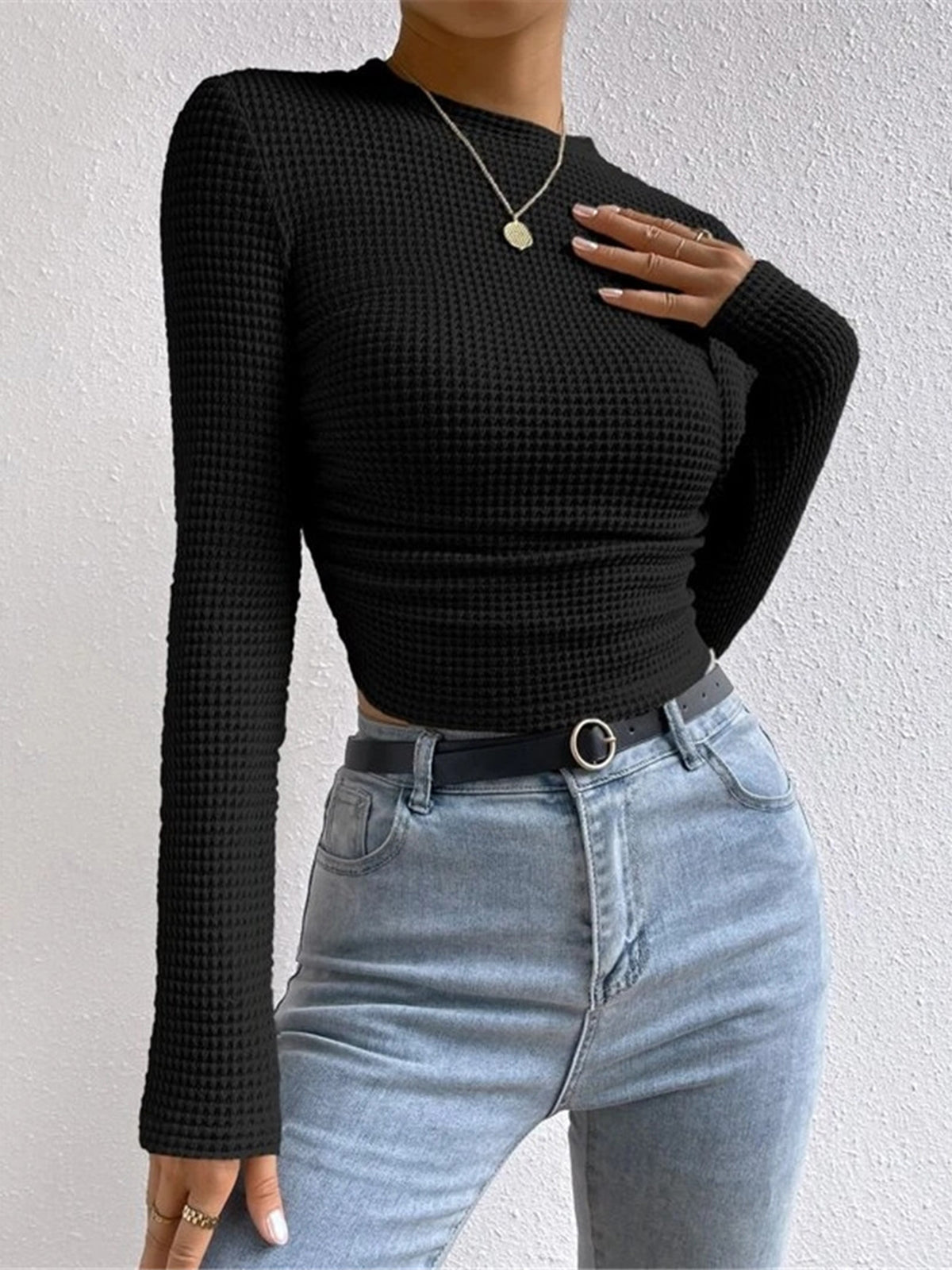 Women's waffle knit long sleeve top