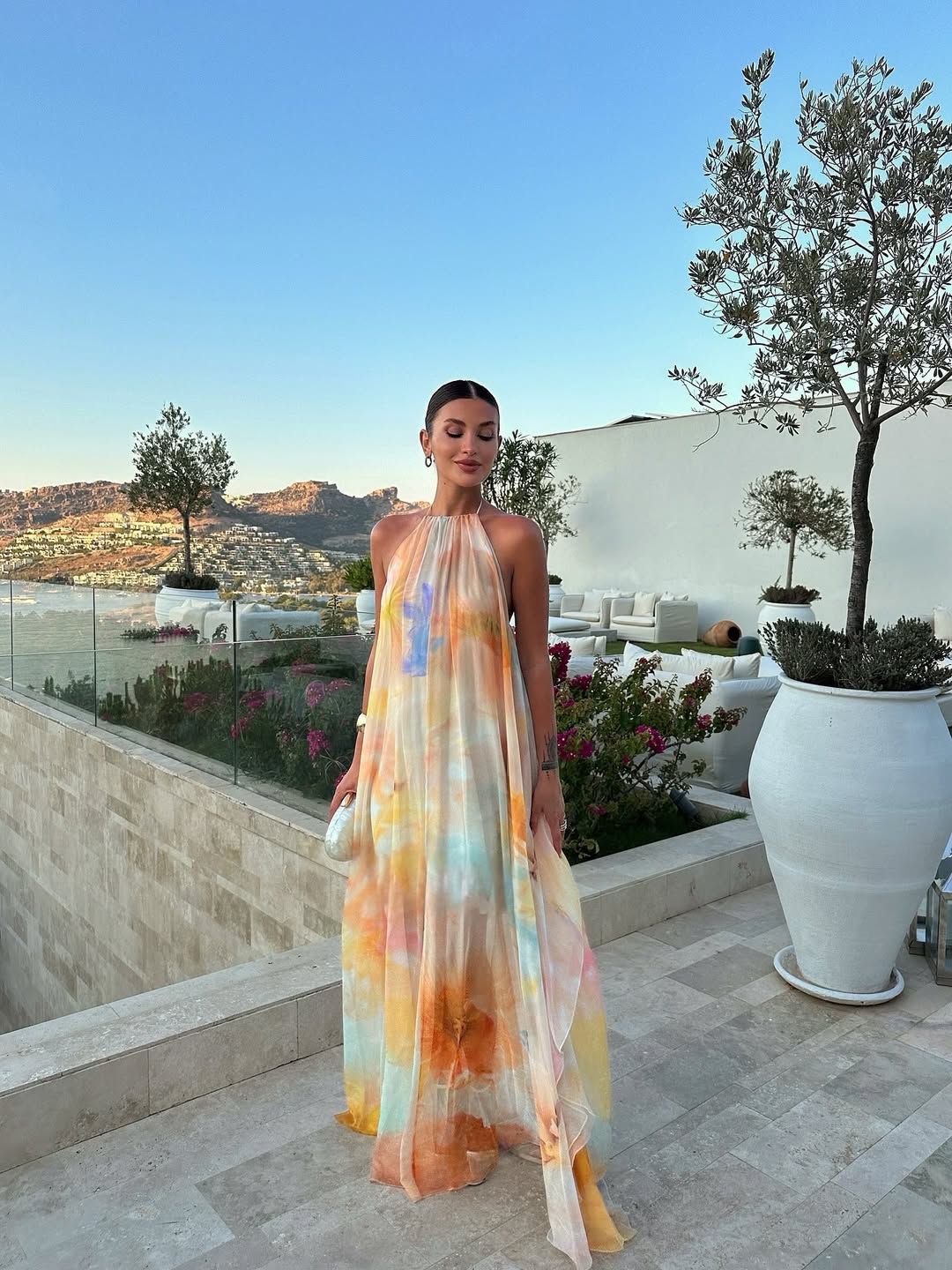 Women's watercolour print halter maxi wedding guest dress
