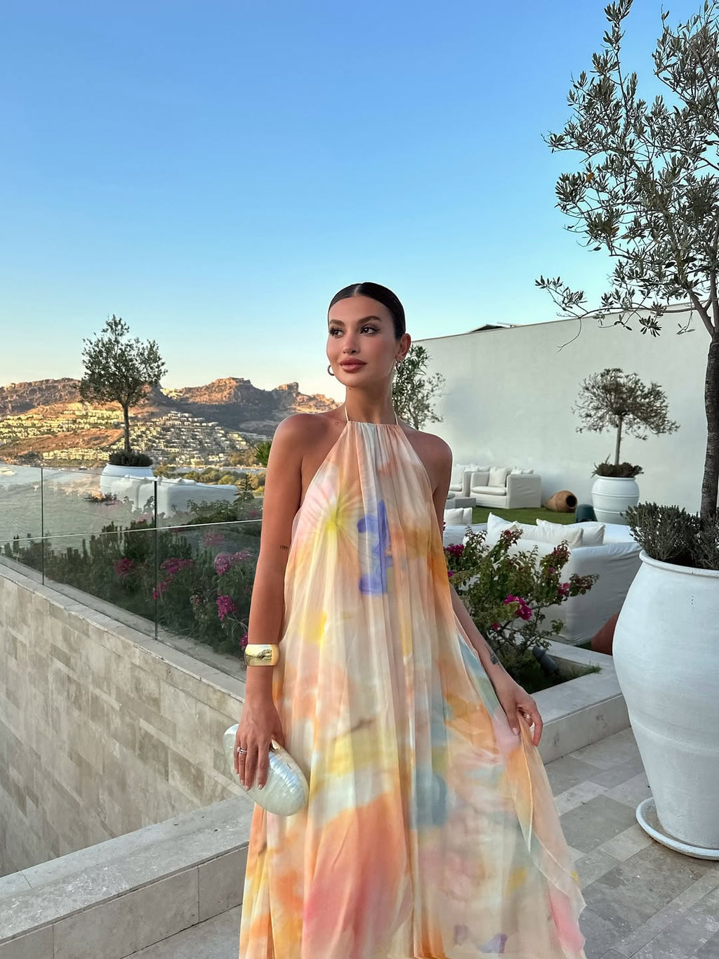 Women's watercolour print halter maxi wedding guest dress