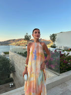 Women's watercolour print halter maxi wedding guest dress