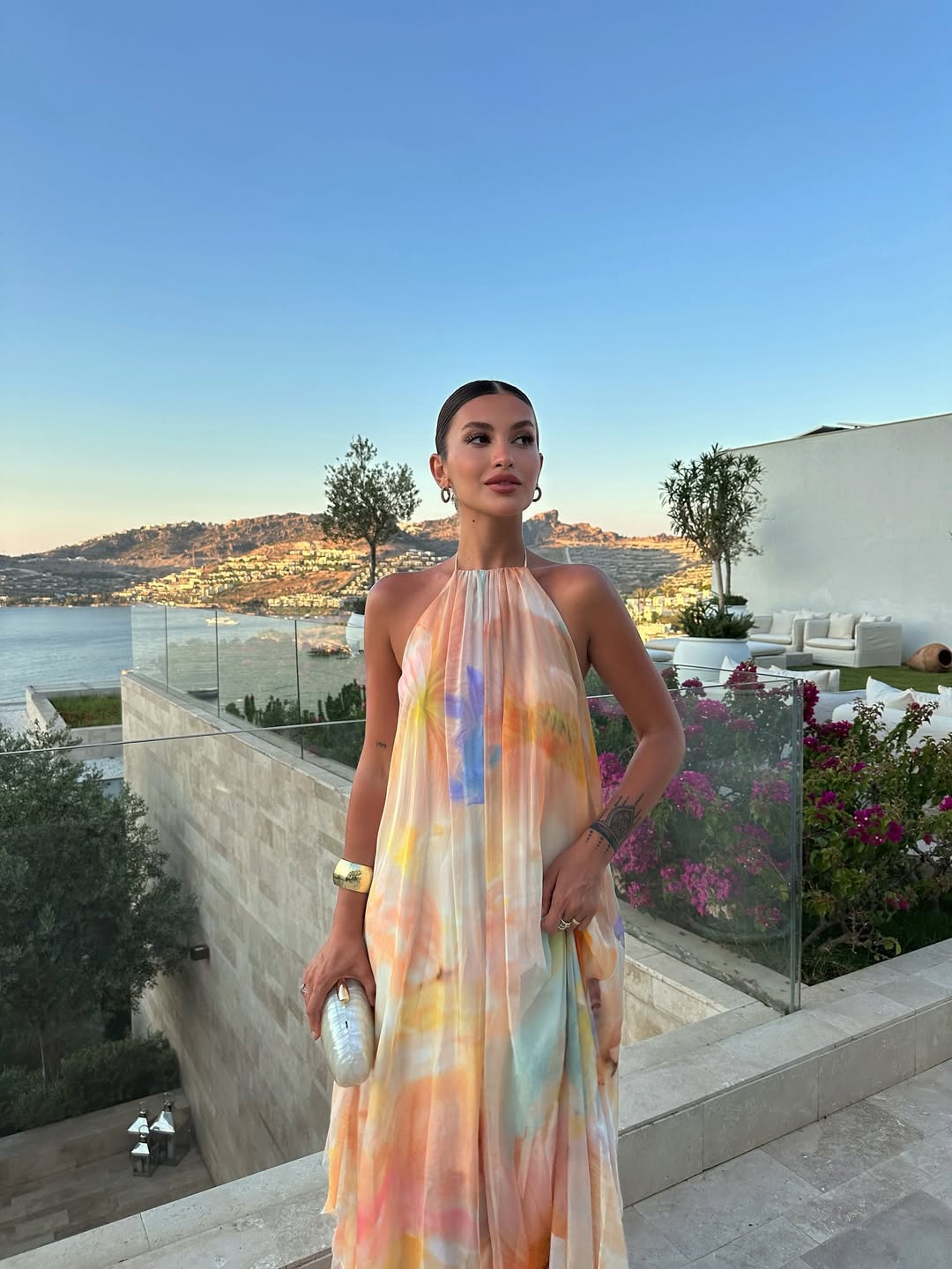 Women's watercolour print halter maxi wedding guest dress