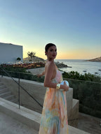 Women's watercolour print halter maxi wedding guest dress