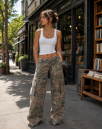 Women's wide-leg camo cargo pants with utility pockets