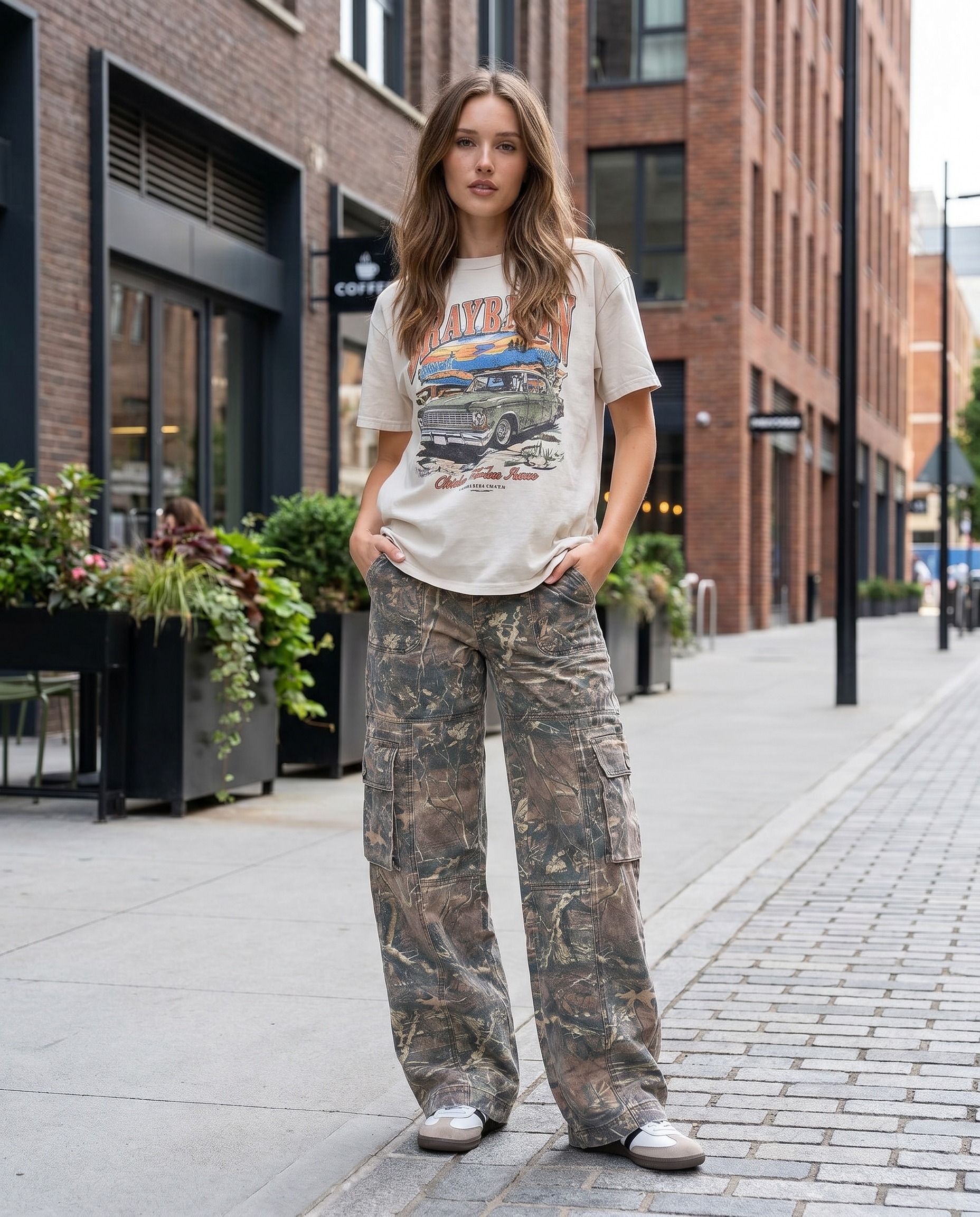 Women's wide-leg camo cargo pants with utility pockets
