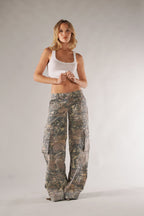 Women's wide-leg camo cargo pants with utility pockets