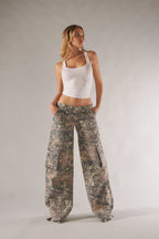 Women's wide-leg camo cargo pants with utility pockets