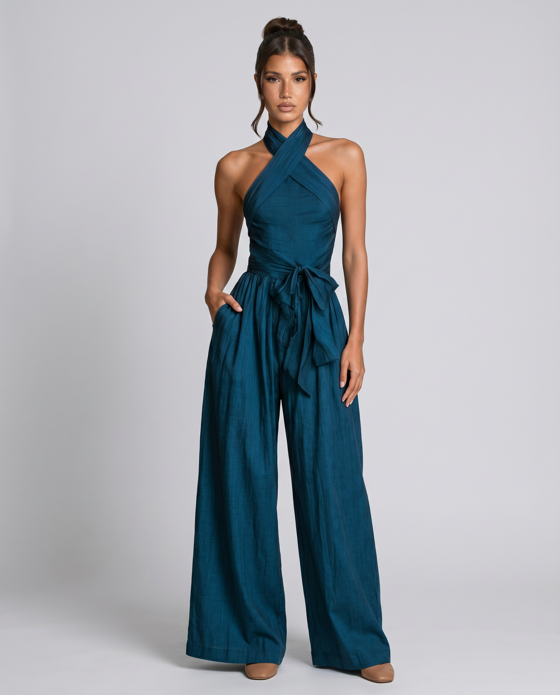 Women's wide-leg jumpsuit with cross halter neck