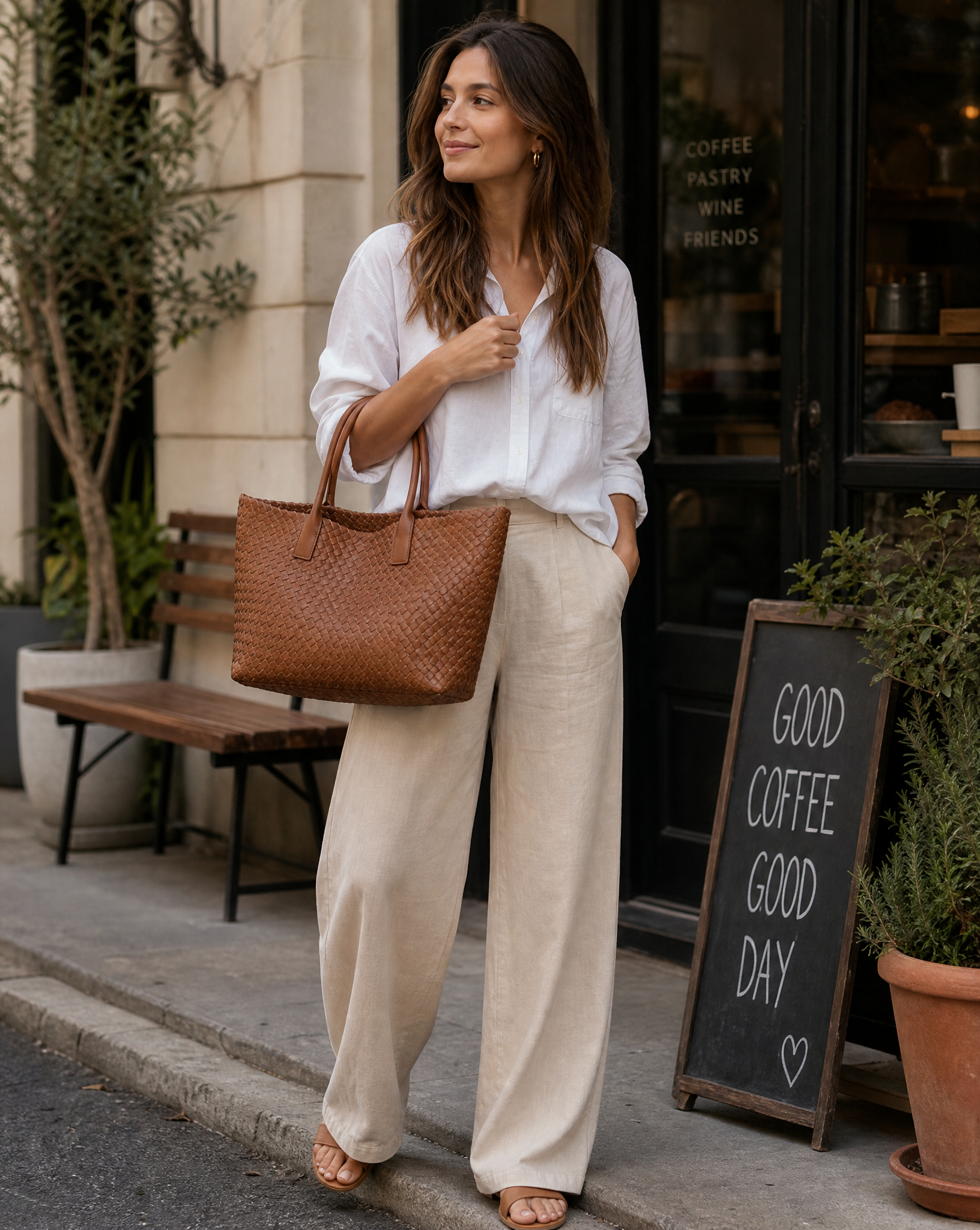 Women's woven tote bag with top handles