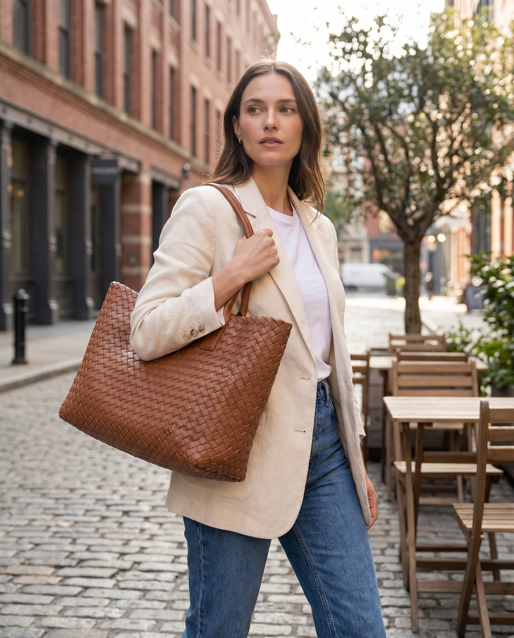 Women's woven tote bag with top handles