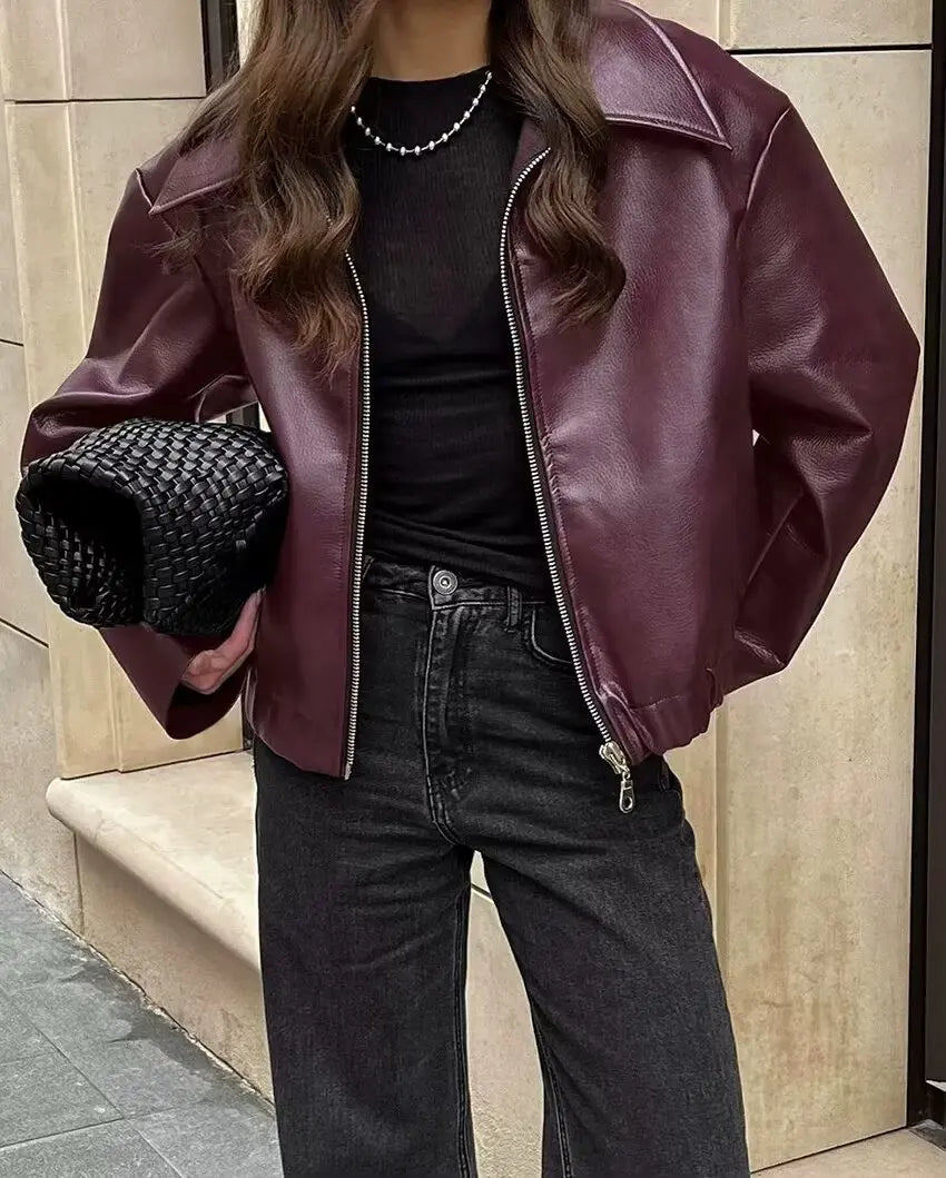 Women's zip-front leather jacket with fold-over collar