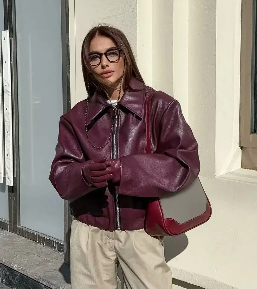 Women's zip-front leather jacket with fold-over collar