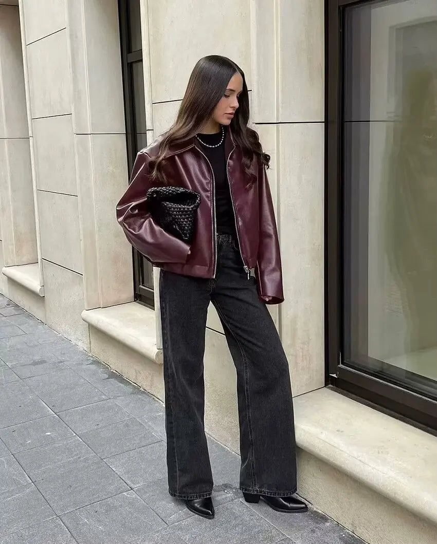 Women's zip-front leather jacket with fold-over collar