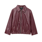 Women's zip-front leather jacket with fold-over collar