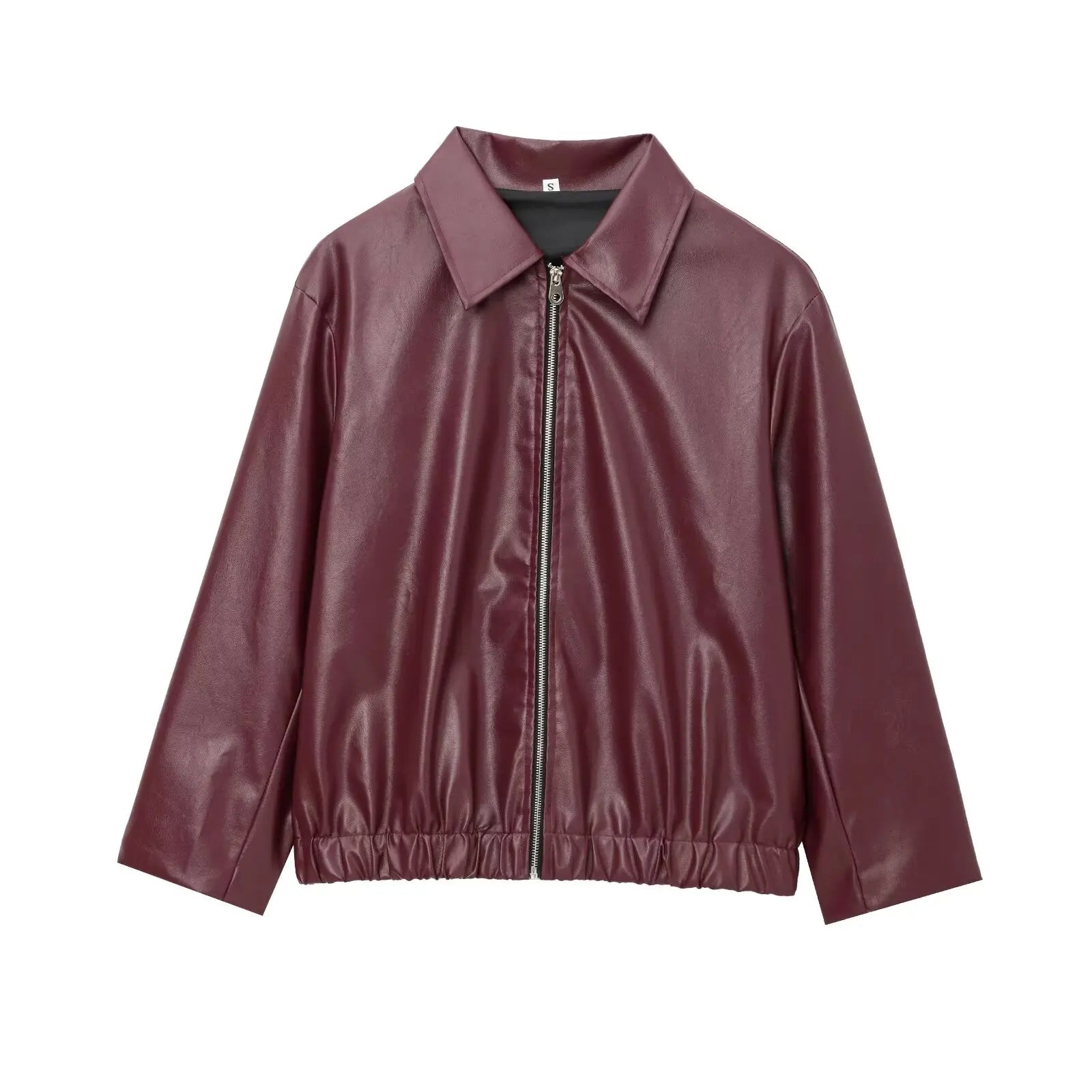 Women's zip-front leather jacket with fold-over collar