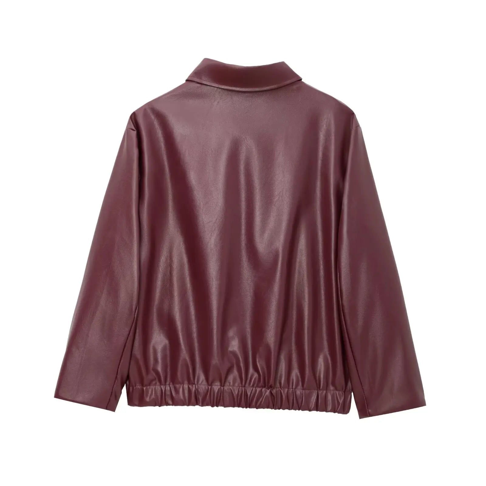 Women's zip-front leather jacket with fold-over collar
