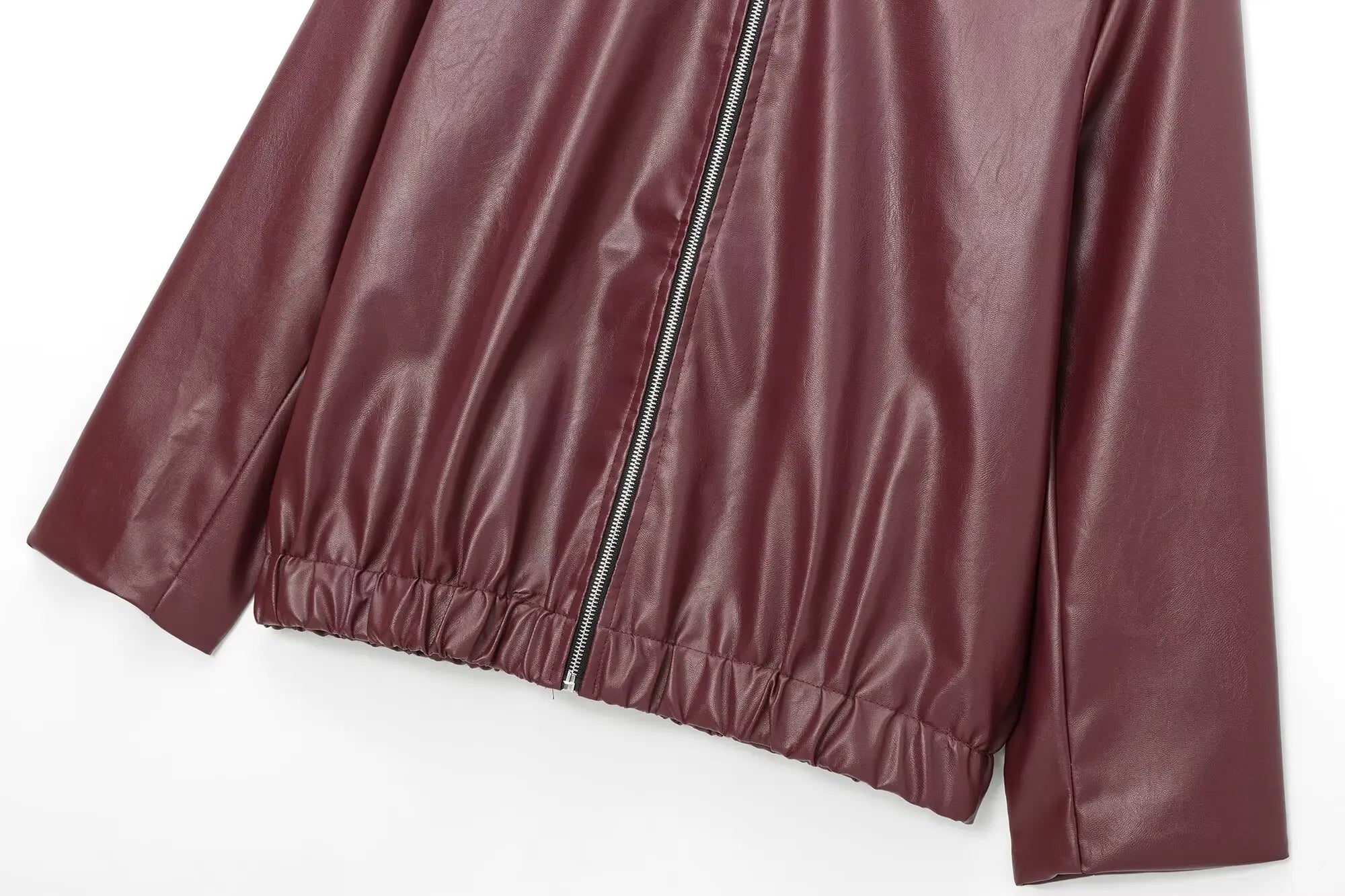 Women's zip-front leather jacket with fold-over collar