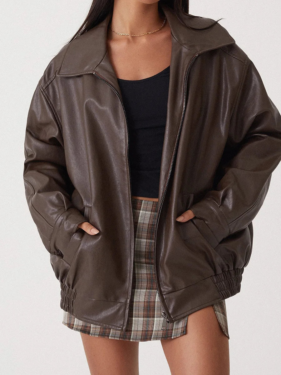 Women's zip-front leather jacket with pockets
