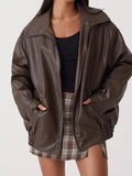 Women's zip-front leather jacket with pockets