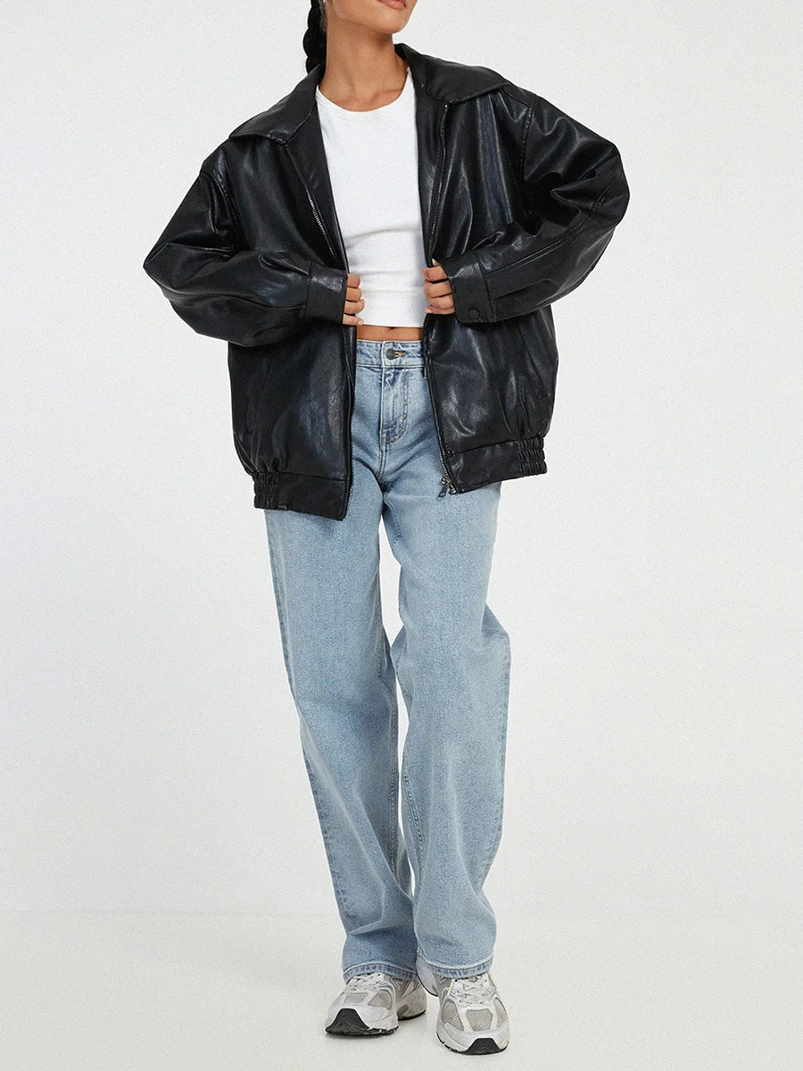 Women's zip-front leather jacket with pockets