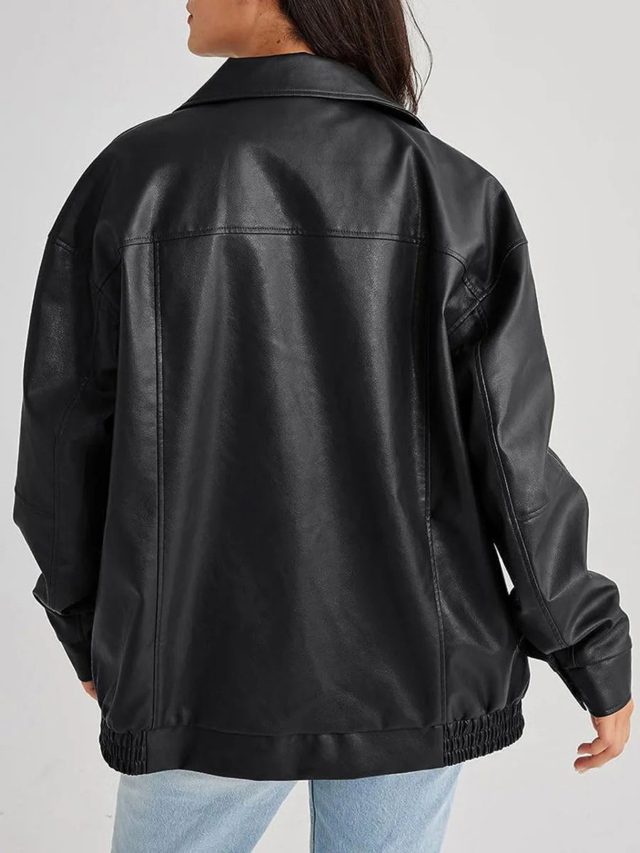 Women's zip-front leather jacket with pockets