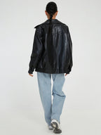Women's zip-front leather jacket with pockets