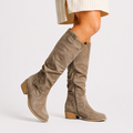 Women’s Knee-High Boots with Low Heel and Side Detail Beige