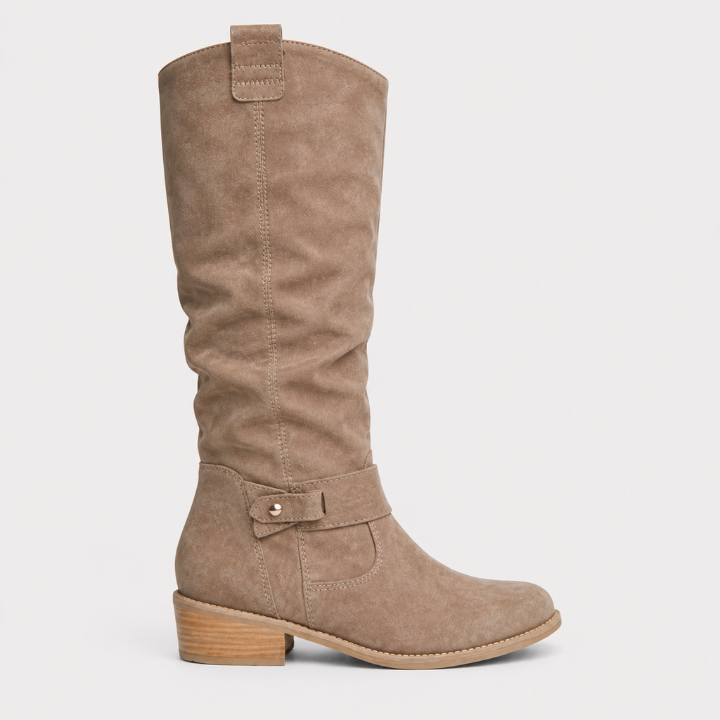 Women’s Knee-High Boots with Low Heel and Side Detail Beige