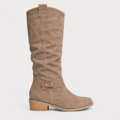 Women’s Knee-High Boots with Low Heel and Side Detail Beige