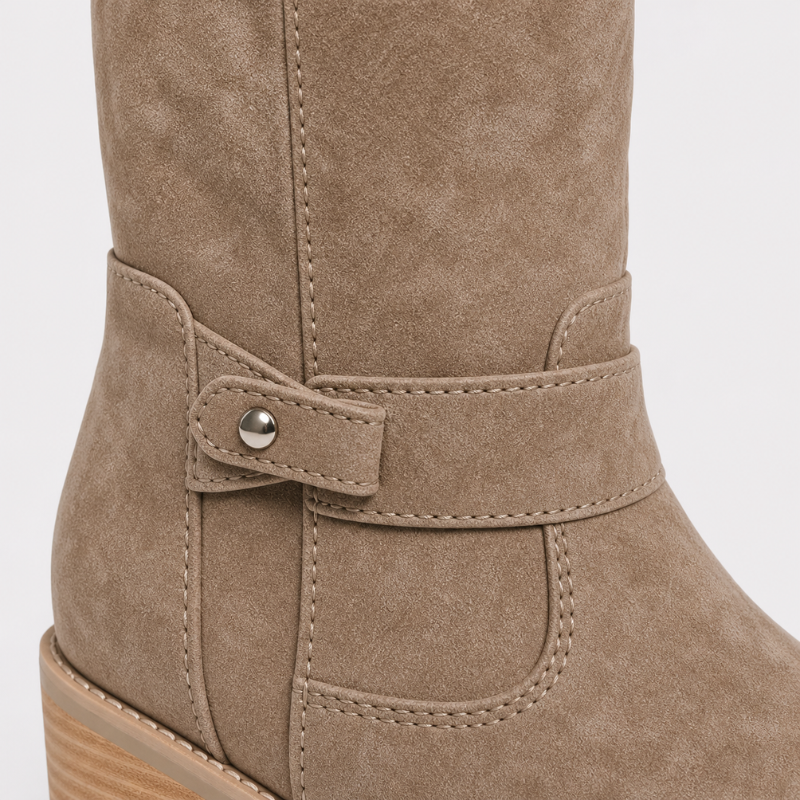 Women’s Knee-High Boots with Low Heel and Side Detail Beige