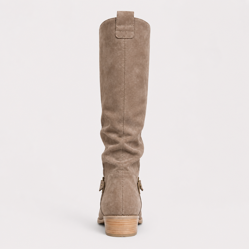 Women’s Knee-High Boots with Low Heel and Side Detail Beige