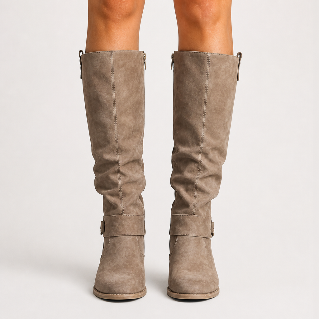Women’s Knee-High Boots with Low Heel and Side Detail Beige