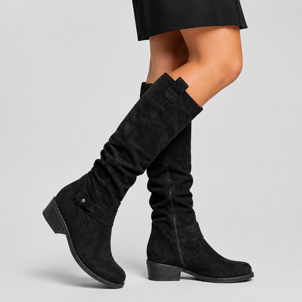 Women’s Knee-High Boots with Low Heel and Side Detail Black