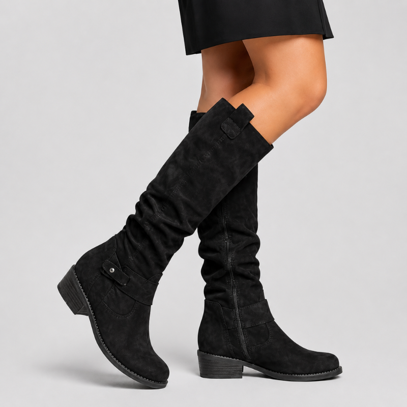Women’s Knee-High Boots with Low Heel and Side Detail Black