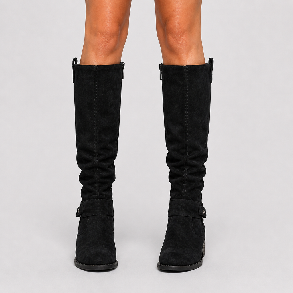 Women’s Knee-High Boots with Low Heel and Side Detail Black