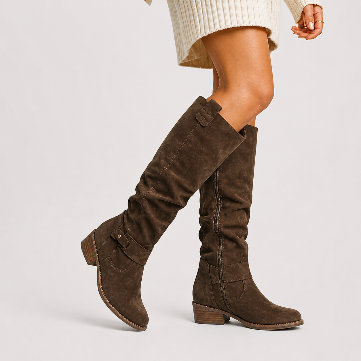 Women’s Knee-High Boots with Low Heel and Side Detail Brown