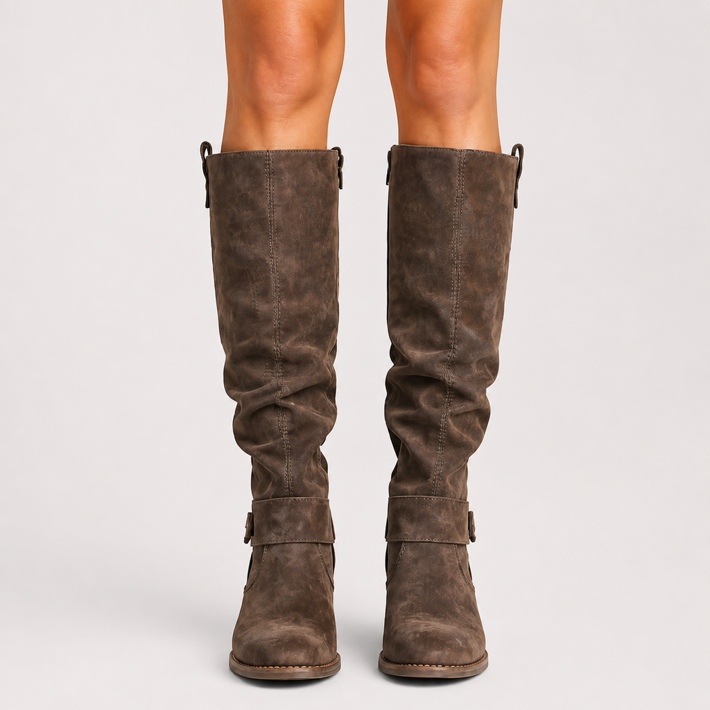 Women’s Knee-High Boots with Low Heel and Side Detail Brown